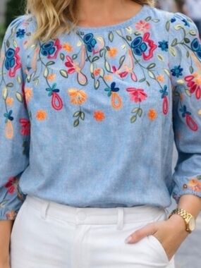 Embroidered Light Blue Women's Peasant Blouse with Floral Detail